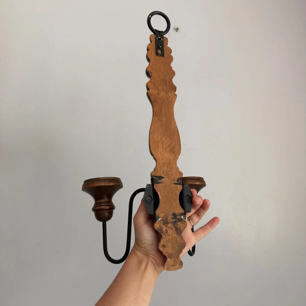 Vintage Turned Wood Wall Sconce Double Candle Holder Spindle Farmhouse